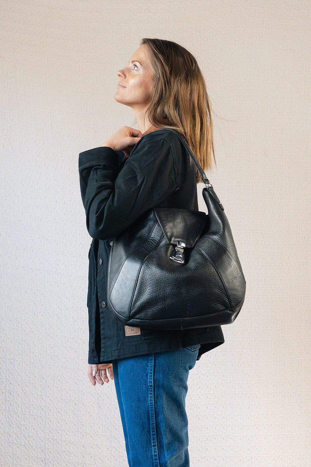 Lauren Ralph Lauren Black Pebbled Leather Satchel Bag