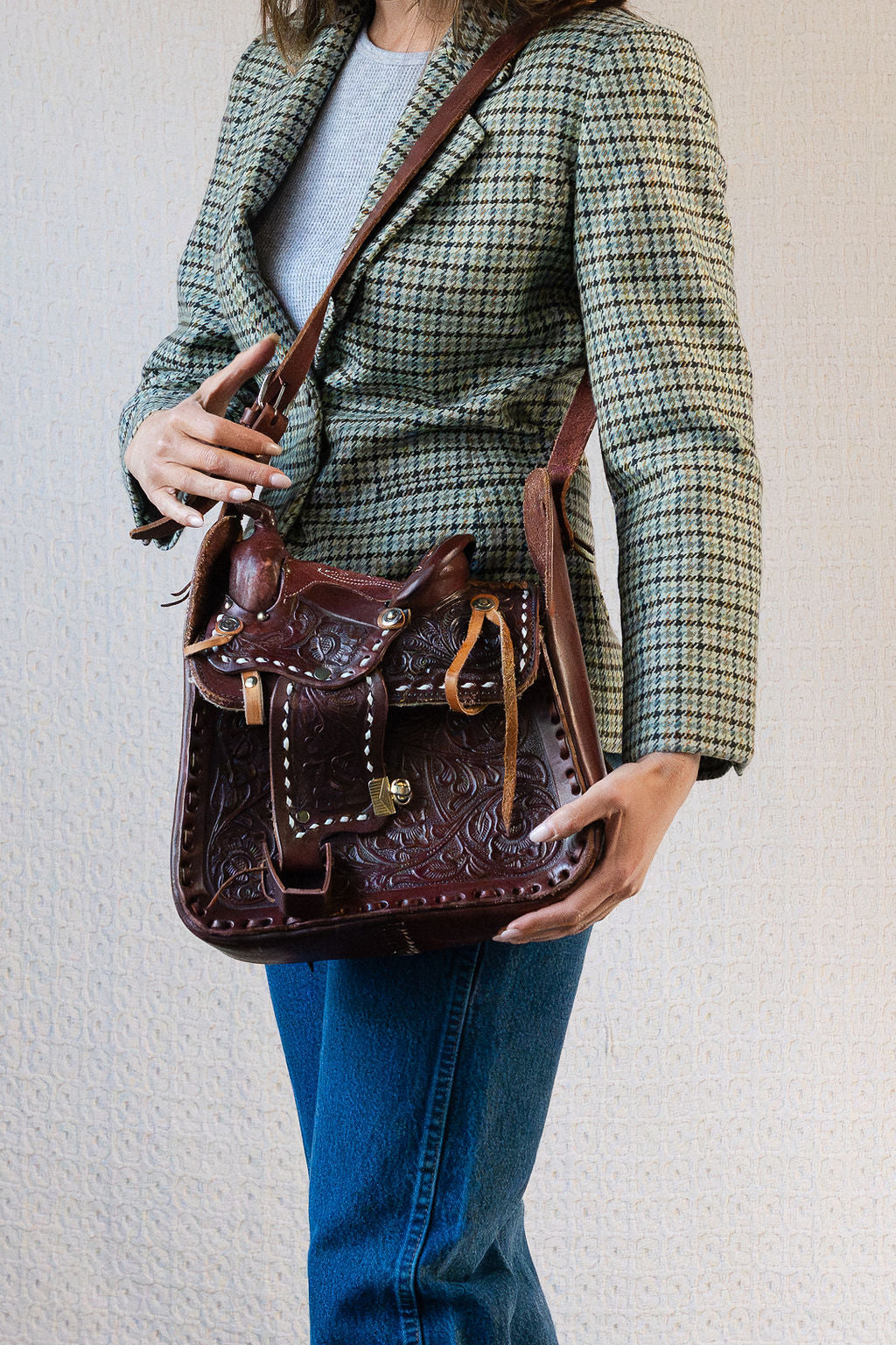 Deep Brown Tooled Leather Saddle Bag