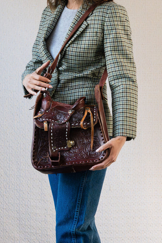 Deep Brown Tooled Leather Saddle Bag