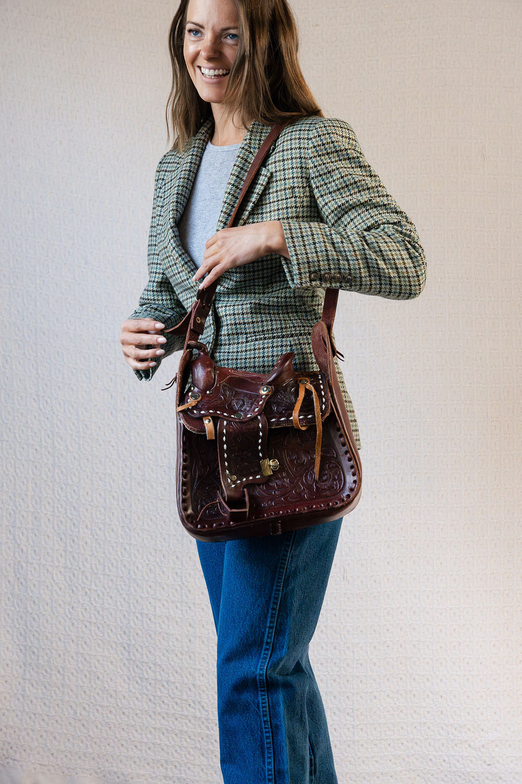 Deep Brown Tooled Leather Saddle Bag