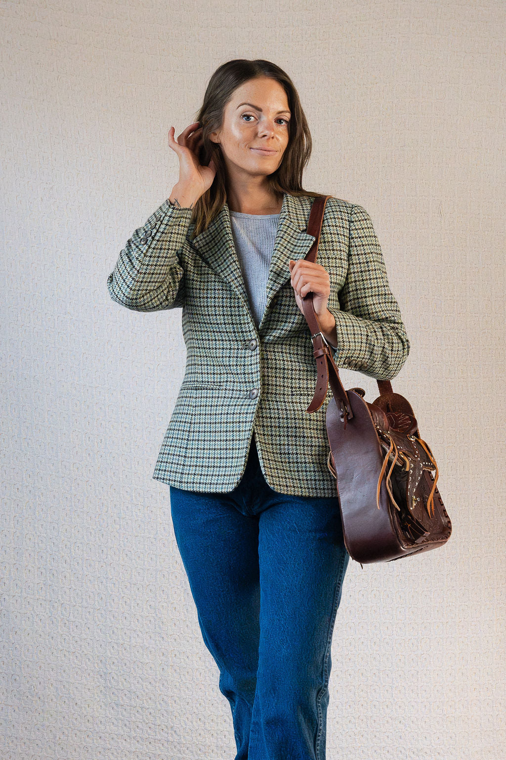 Deep Brown Tooled Leather Saddle Bag