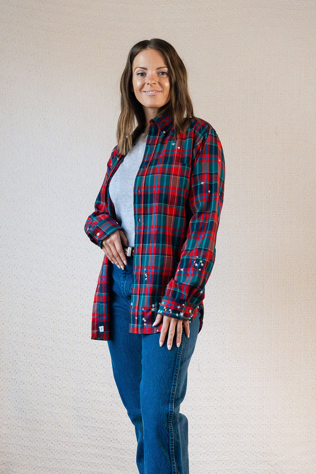 Star Embroidery Mended Pendleton Red Green Plaid Wool Button Down