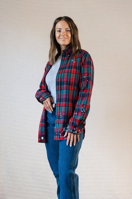 Star Embroidery Mended Pendleton Red Green Plaid Wool Button Down