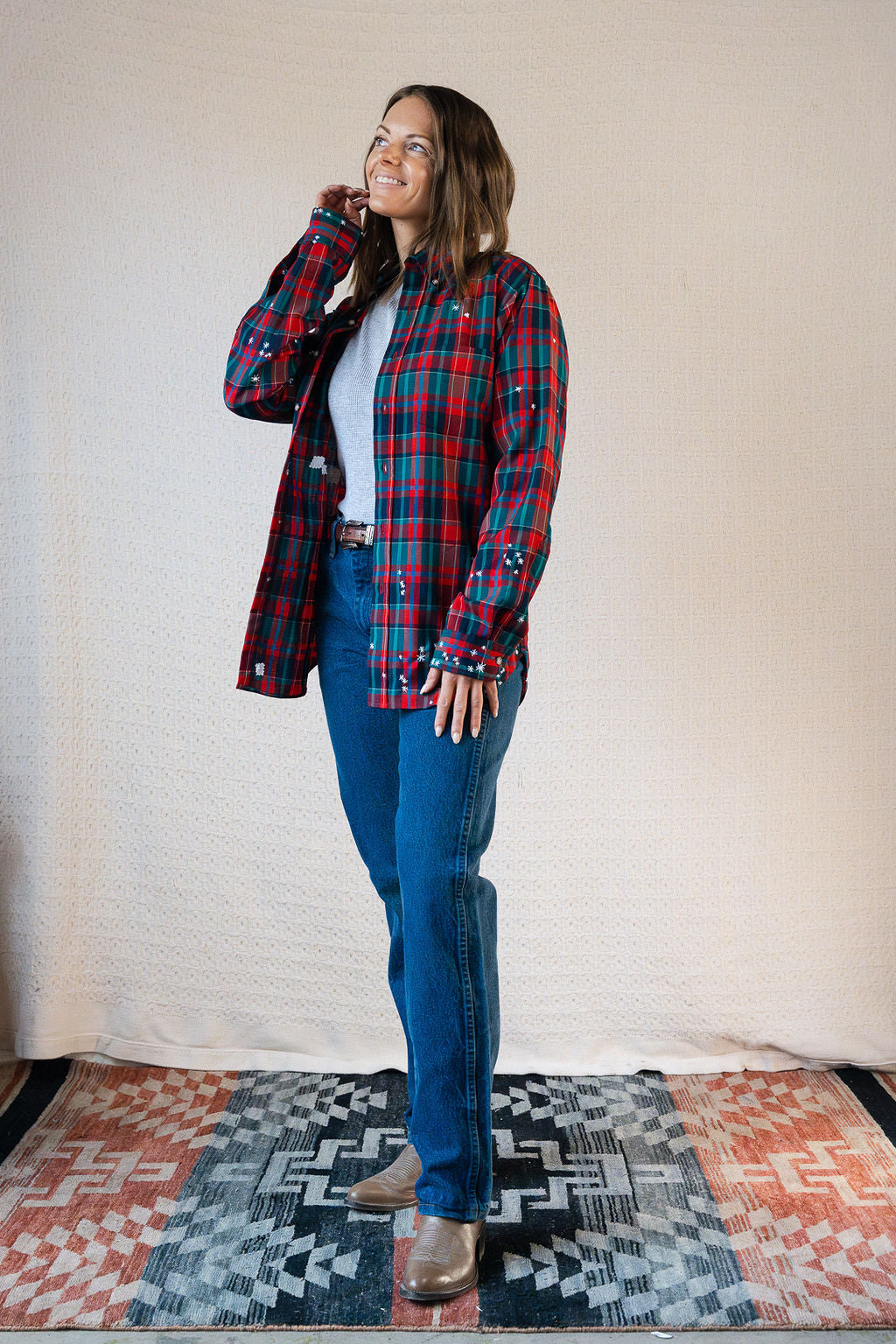 Star Embroidery Mended Pendleton Red Green Plaid Wool Button Down