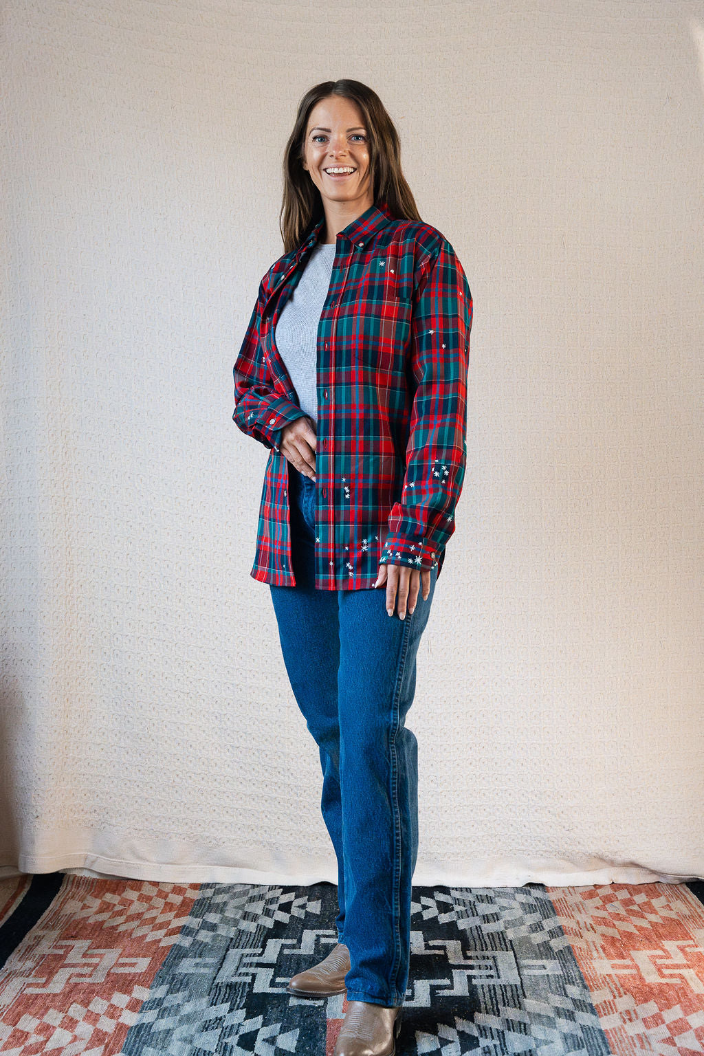 Star Embroidery Mended Pendleton Red Green Plaid Wool Button Down