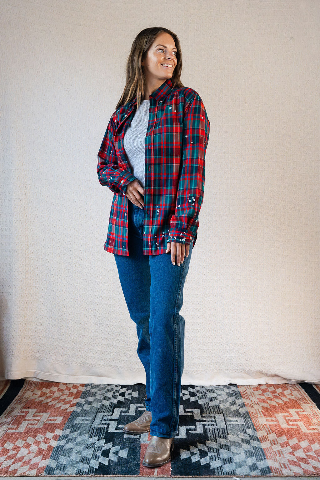 Star Embroidery Mended Pendleton Red Green Plaid Wool Button Down