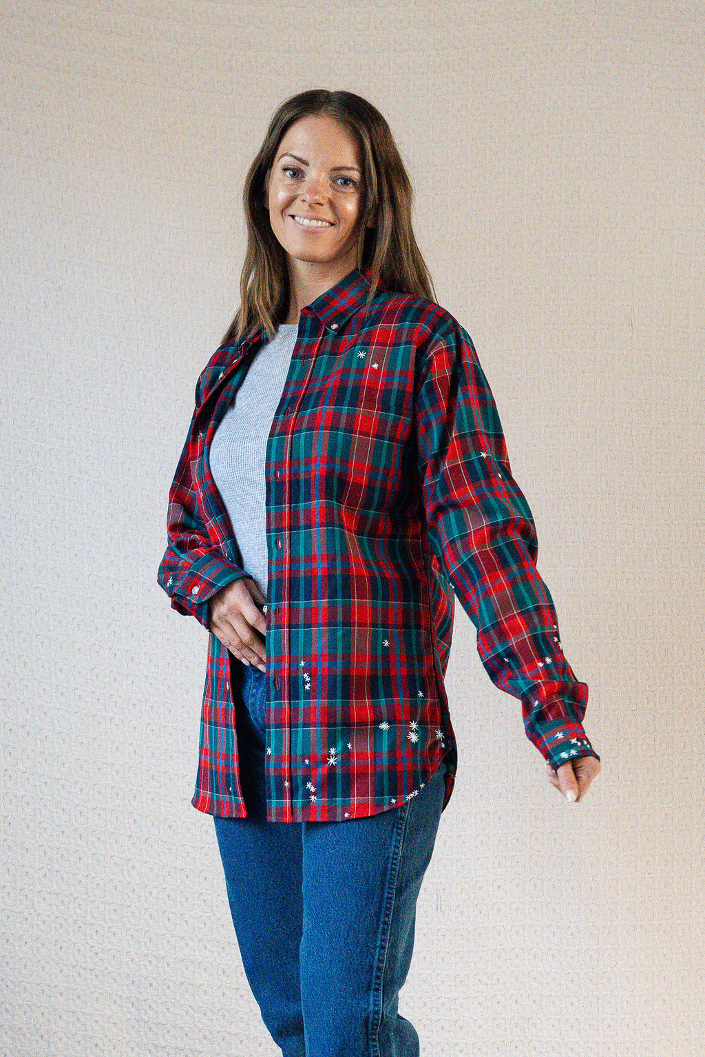 Star Embroidery Mended Pendleton Red Green Plaid Wool Button Down