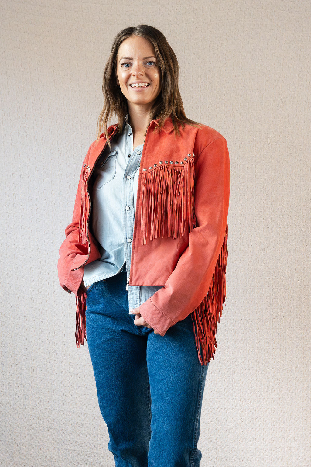 Red Suede and Stud Fringe Jacket by Cripple Creek