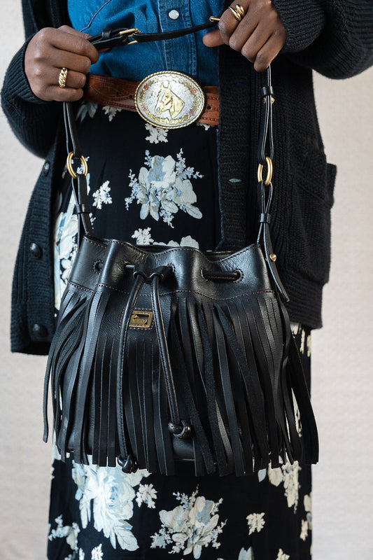 Dooney & Bourke Black Fringe Drawstring Bag