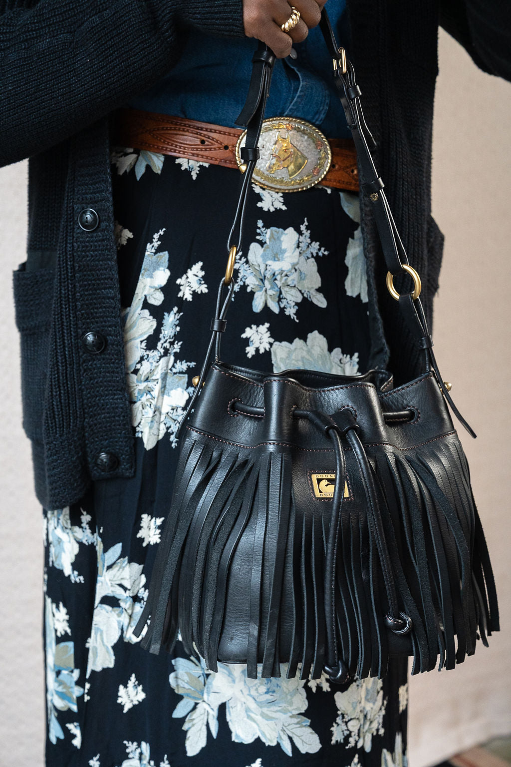 Dooney & Bourke Black Fringe Drawstring Bag