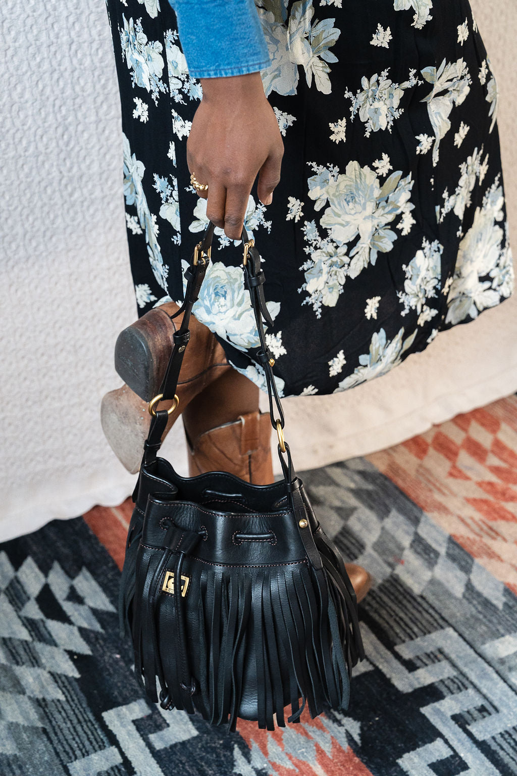 Dooney & Bourke Black Fringe Drawstring Bag