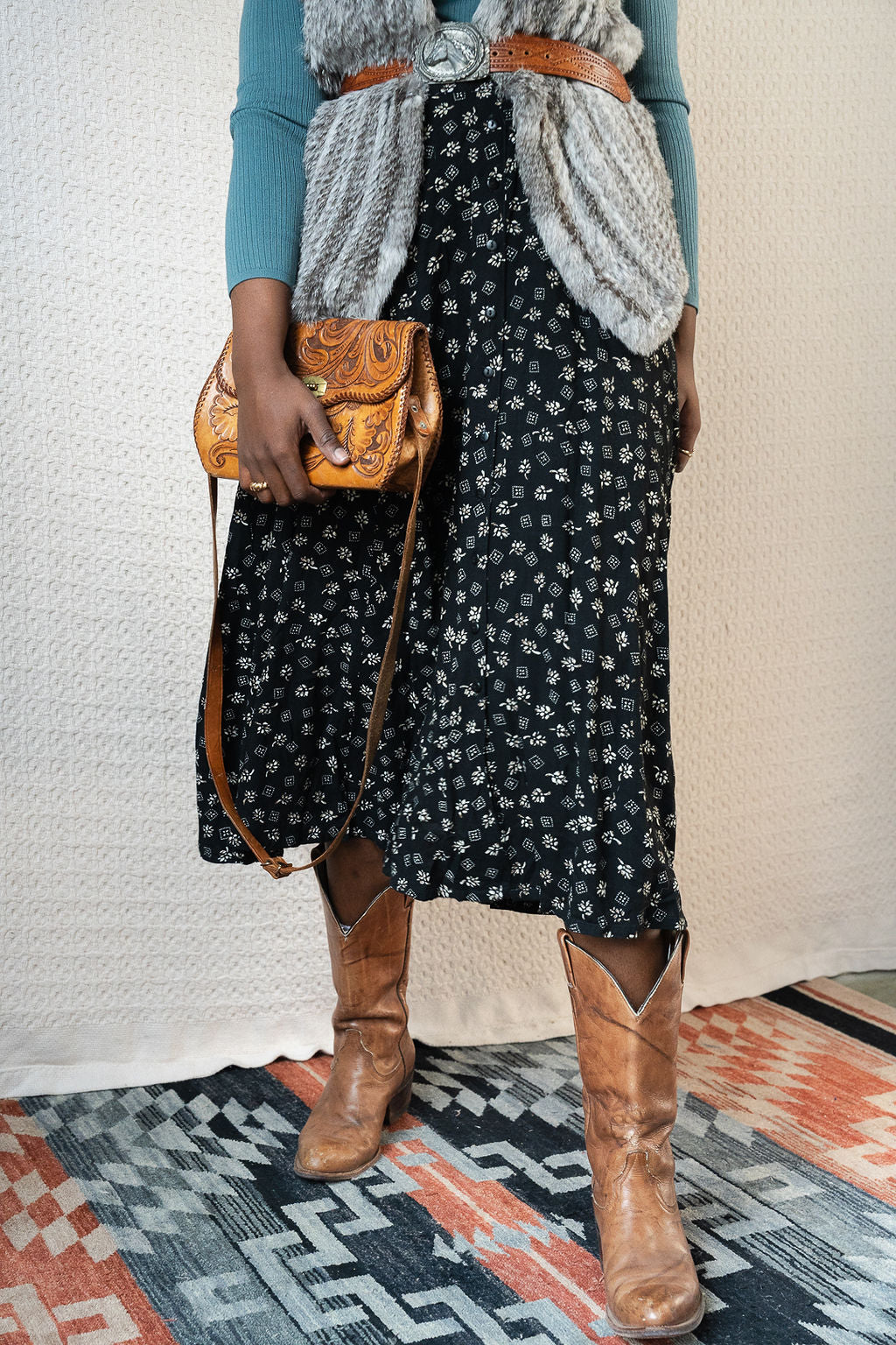 1990's Button Front Flare Skirt w/Floral Print