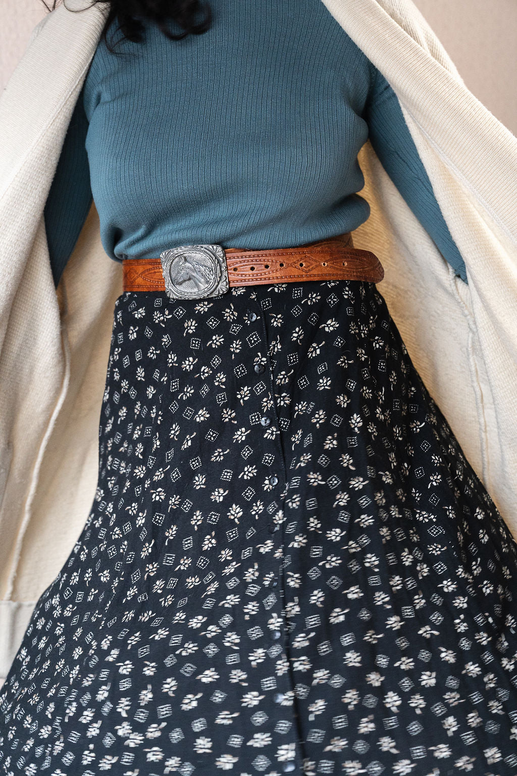 1990's Button Front Flare Skirt w/Floral Print