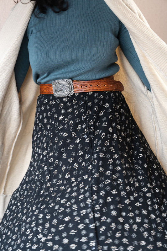 1990's Button Front Flare Skirt w/Floral Print