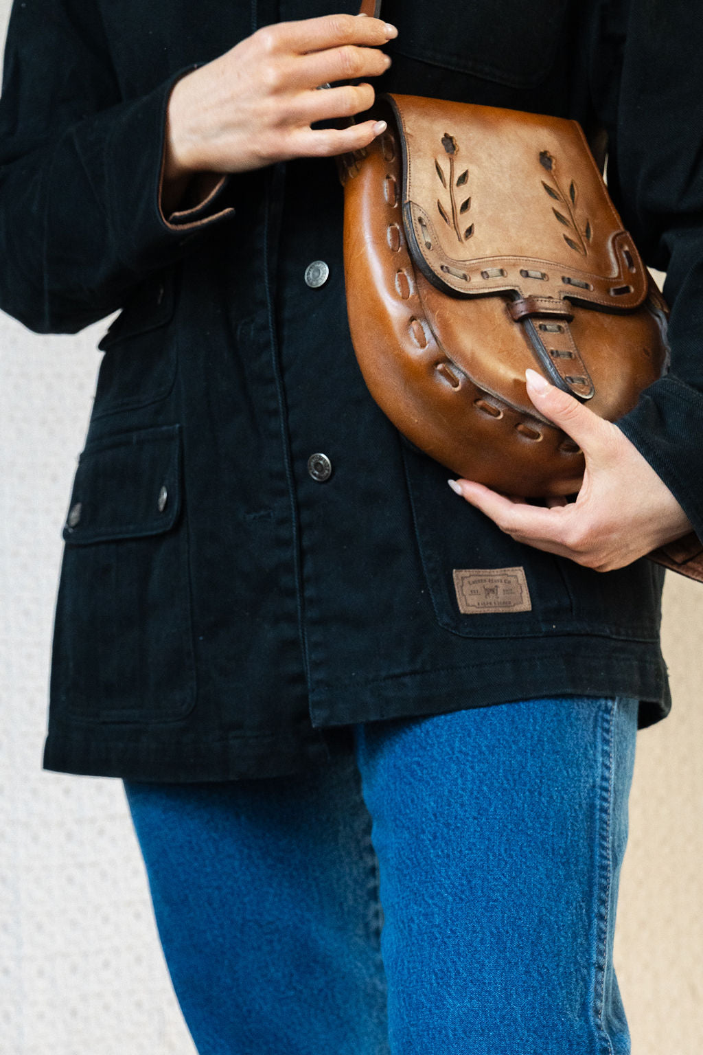 1970's Floral Inlay Leather Flap Bag