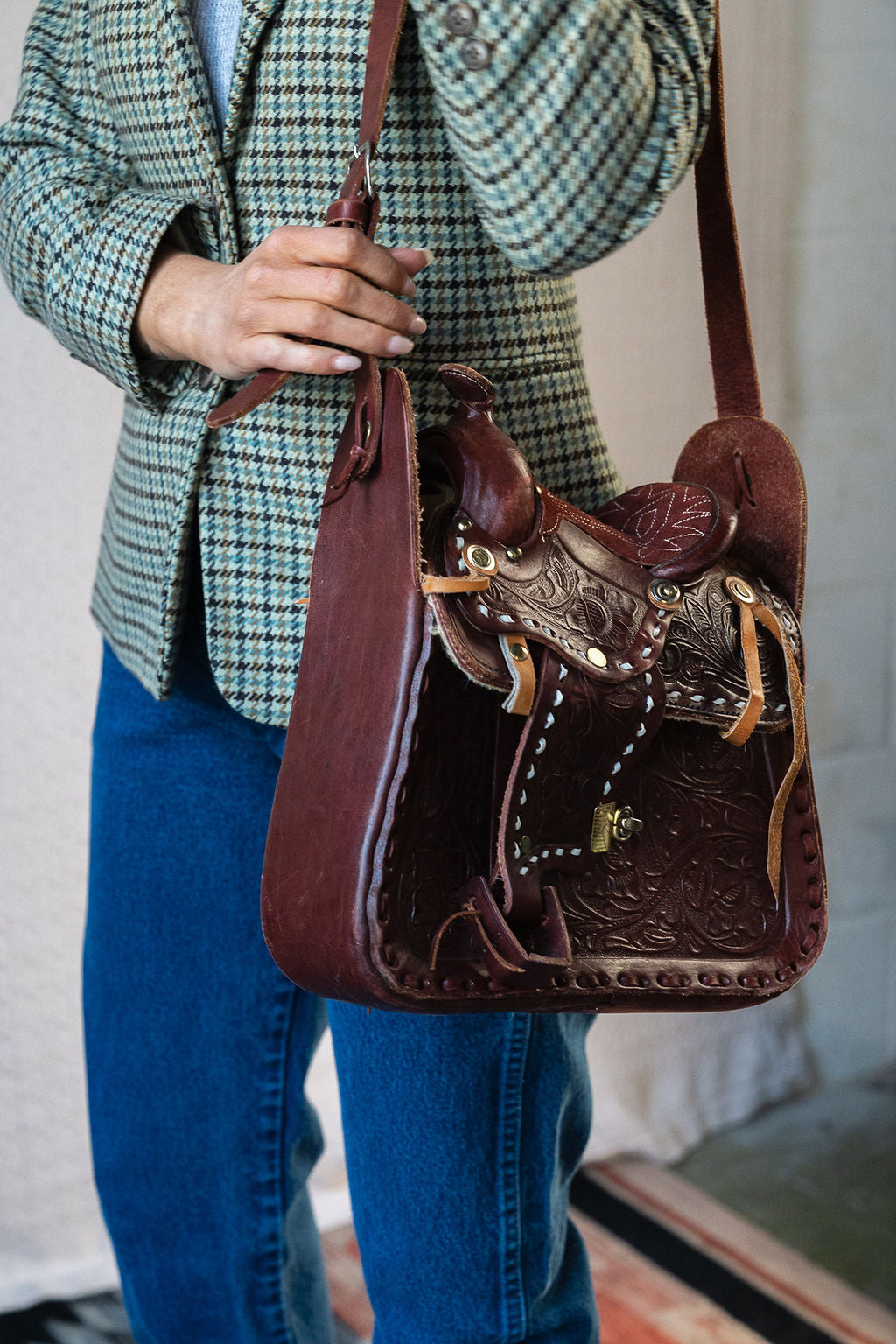 Deep Brown Tooled Leather Saddle Bag