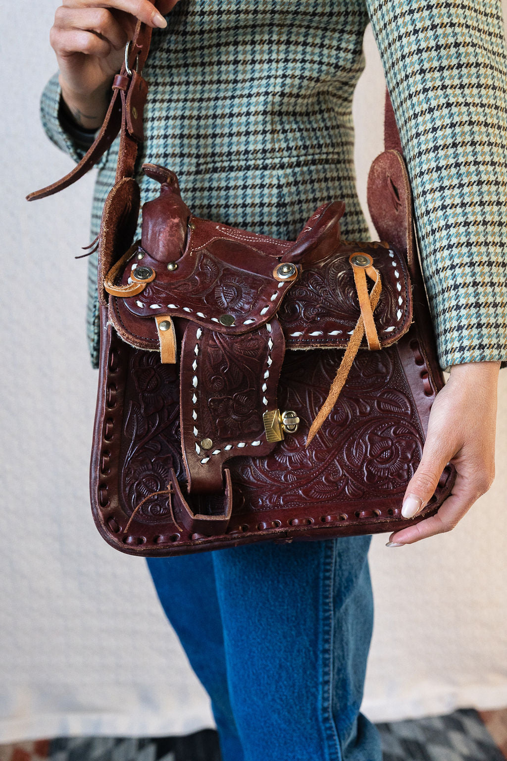 Deep Brown Tooled Leather Saddle Bag