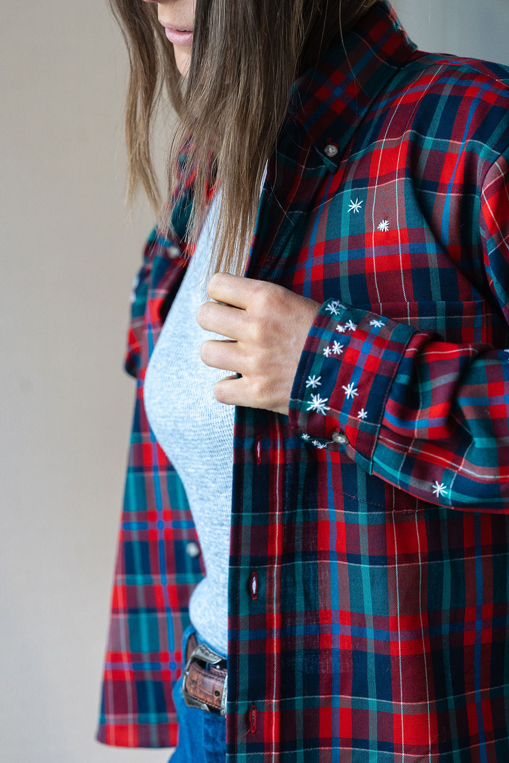 Star Embroidery Mended Pendleton Red Green Plaid Wool Button Down