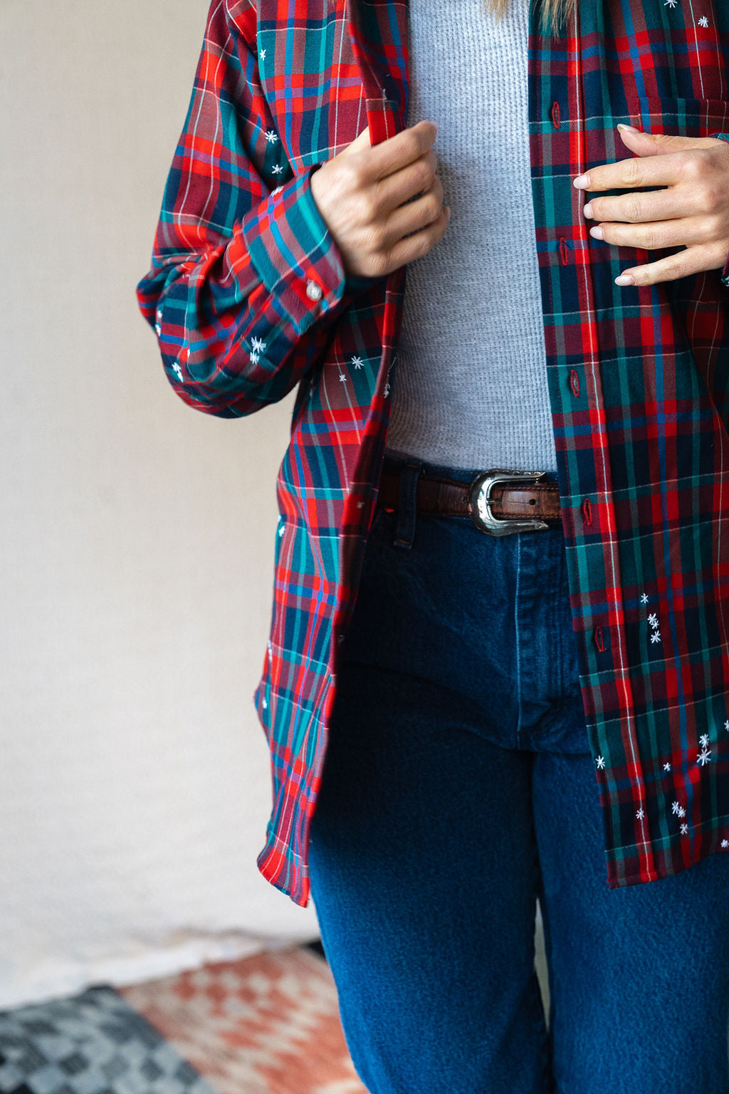 Star Embroidery Mended Pendleton Red Green Plaid Wool Button Down