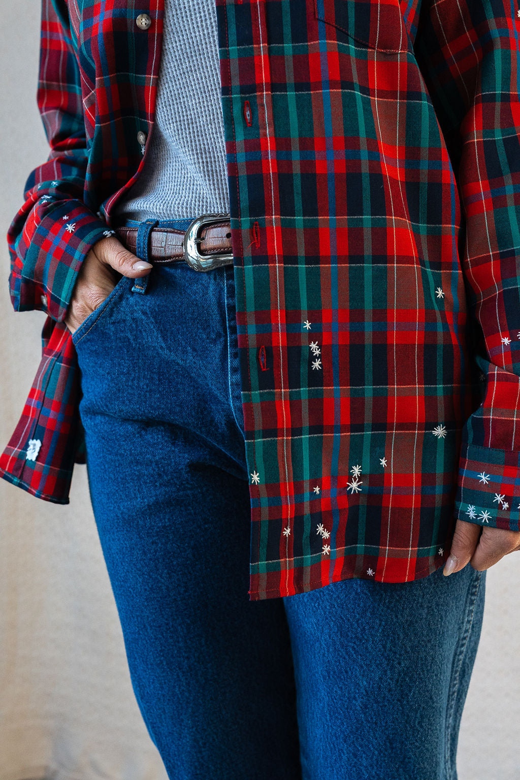 Star Embroidery Mended Pendleton Red Green Plaid Wool Button Down