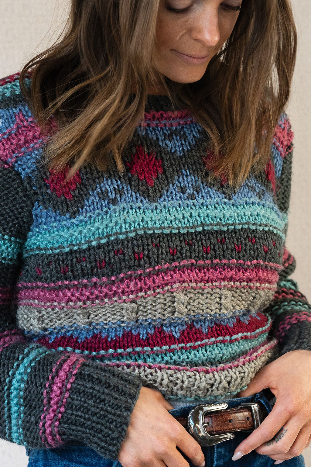 Wool Blend Graphic Chunky Knit Pullover Sweater