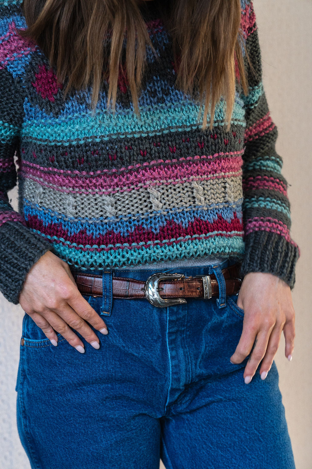 Wool Blend Graphic Chunky Knit Pullover Sweater