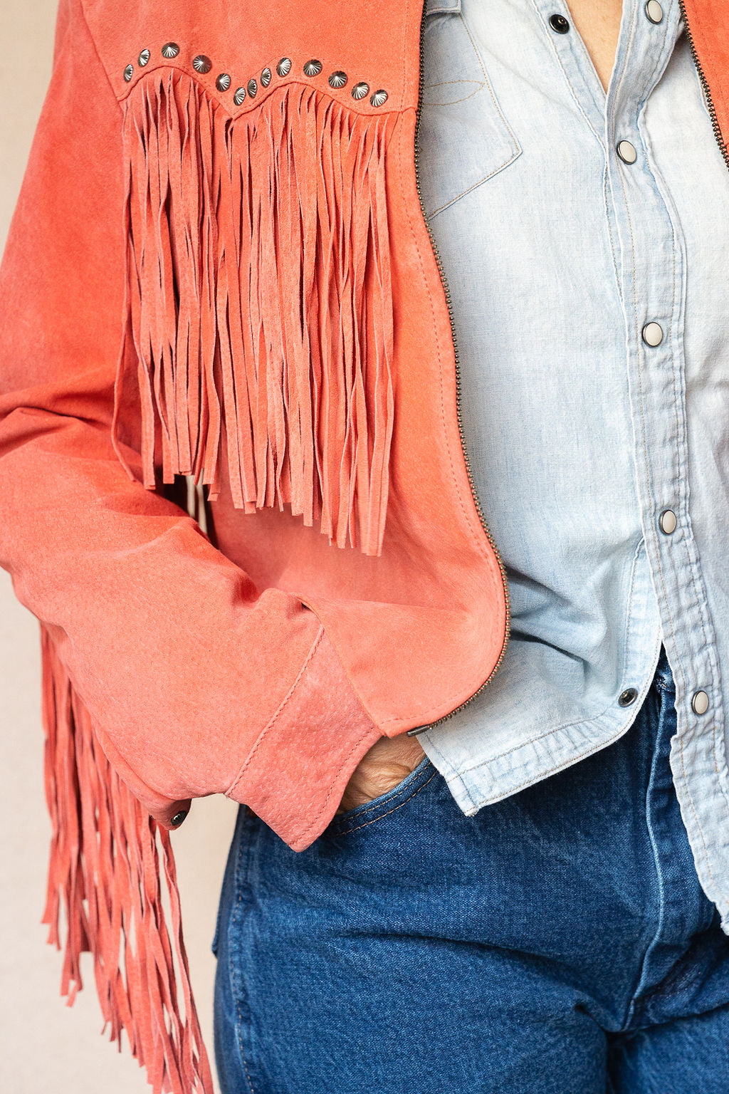 Red Suede and Stud Fringe Jacket by Cripple Creek