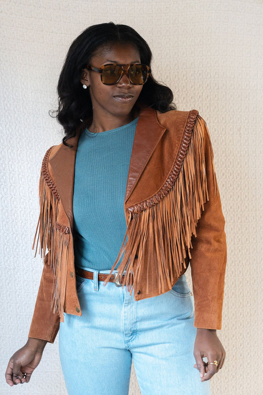 Diamond Leathers Cropped Fringe Jacket w/Braided Details