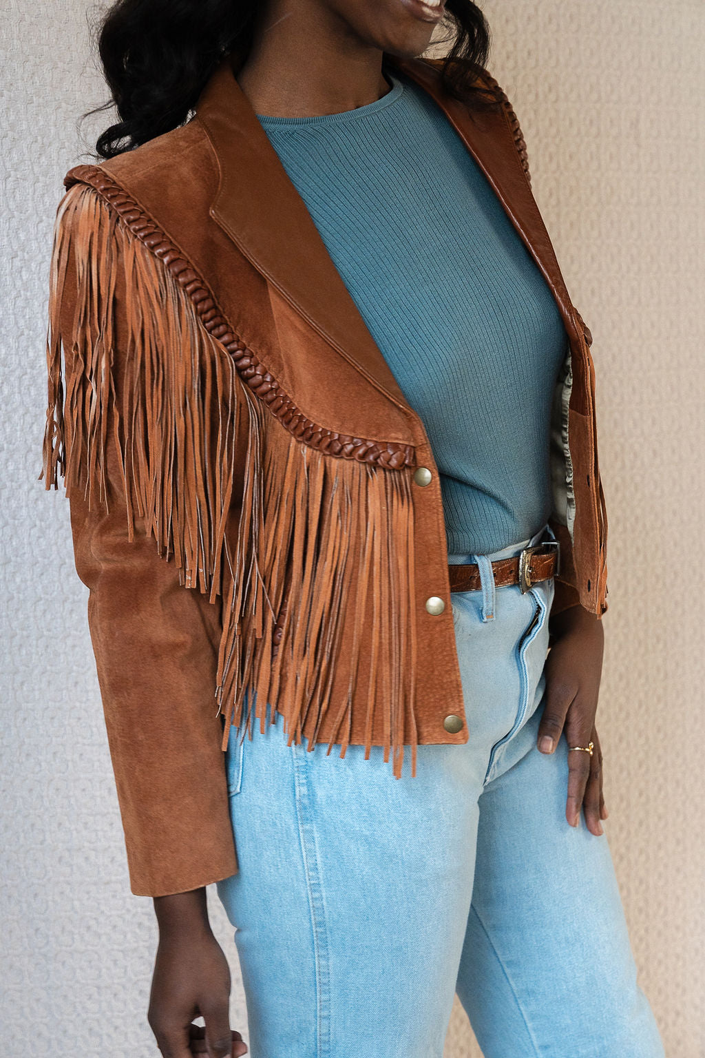 Diamond Leathers Cropped Fringe Jacket w/Braided Details