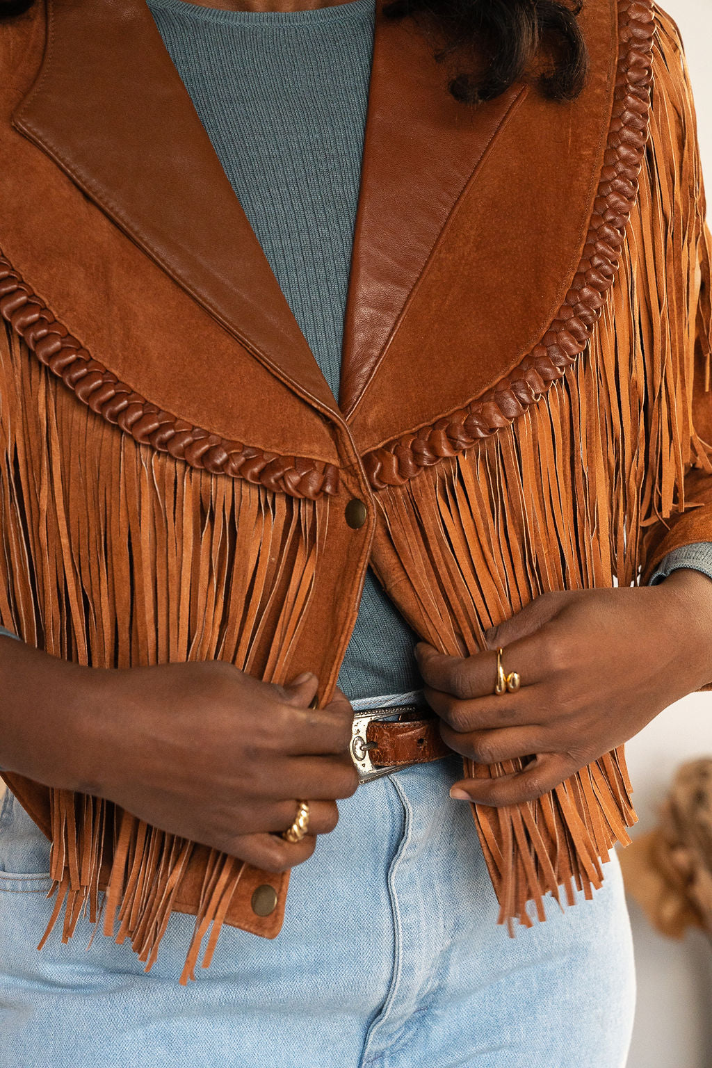 Diamond Leathers Cropped Fringe Jacket w/Braided Details