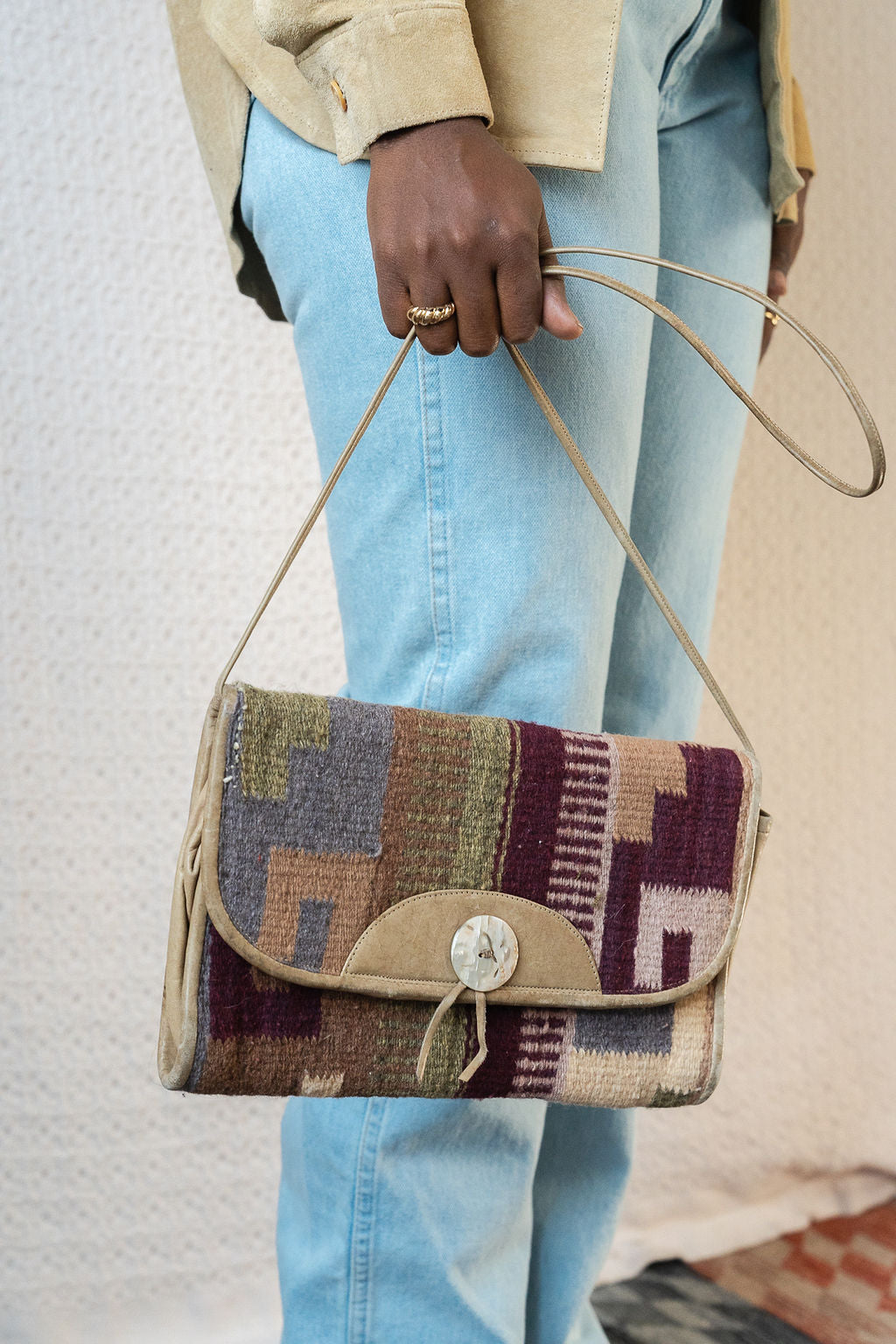 Cream Leather & Wool Rug Flap Bag