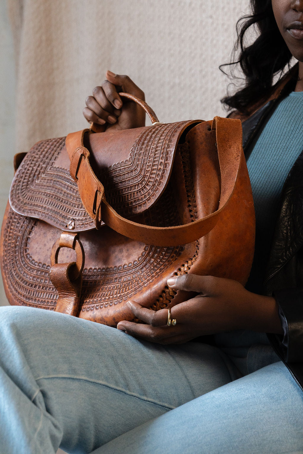 Oversized Tooled Flap Top Bag