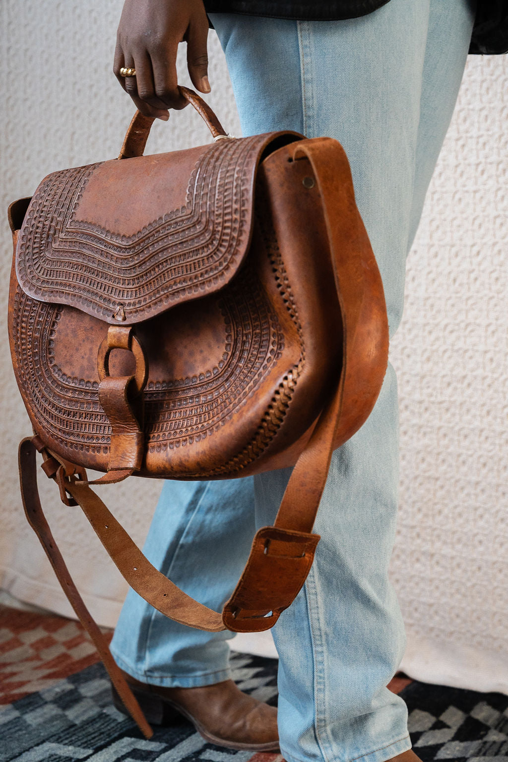 Oversized Tooled Flap Top Bag