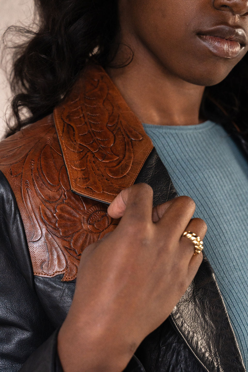 Tooled Leather Western Yoke Leather Blazer
