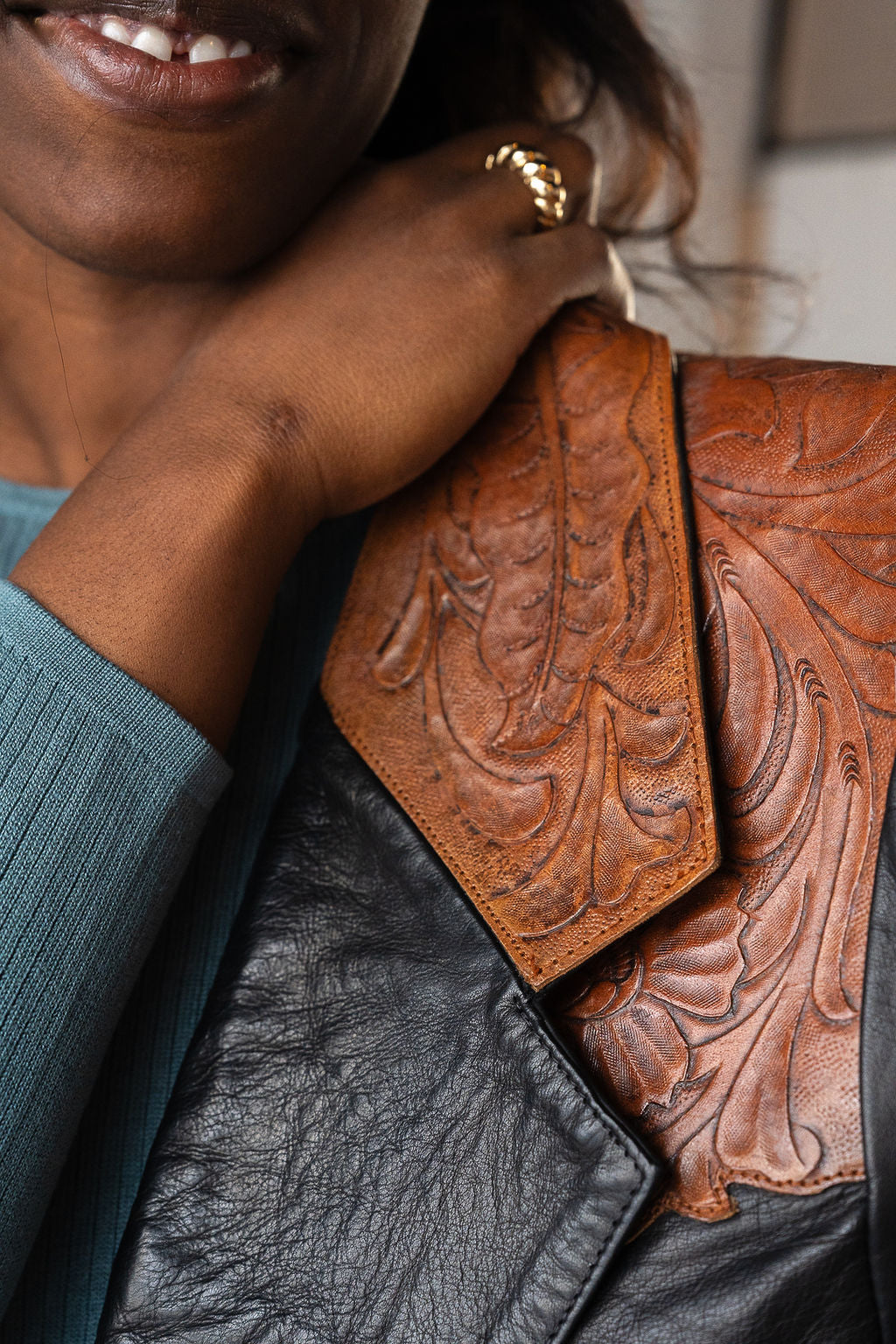 Tooled Leather Western Yoke Leather Blazer