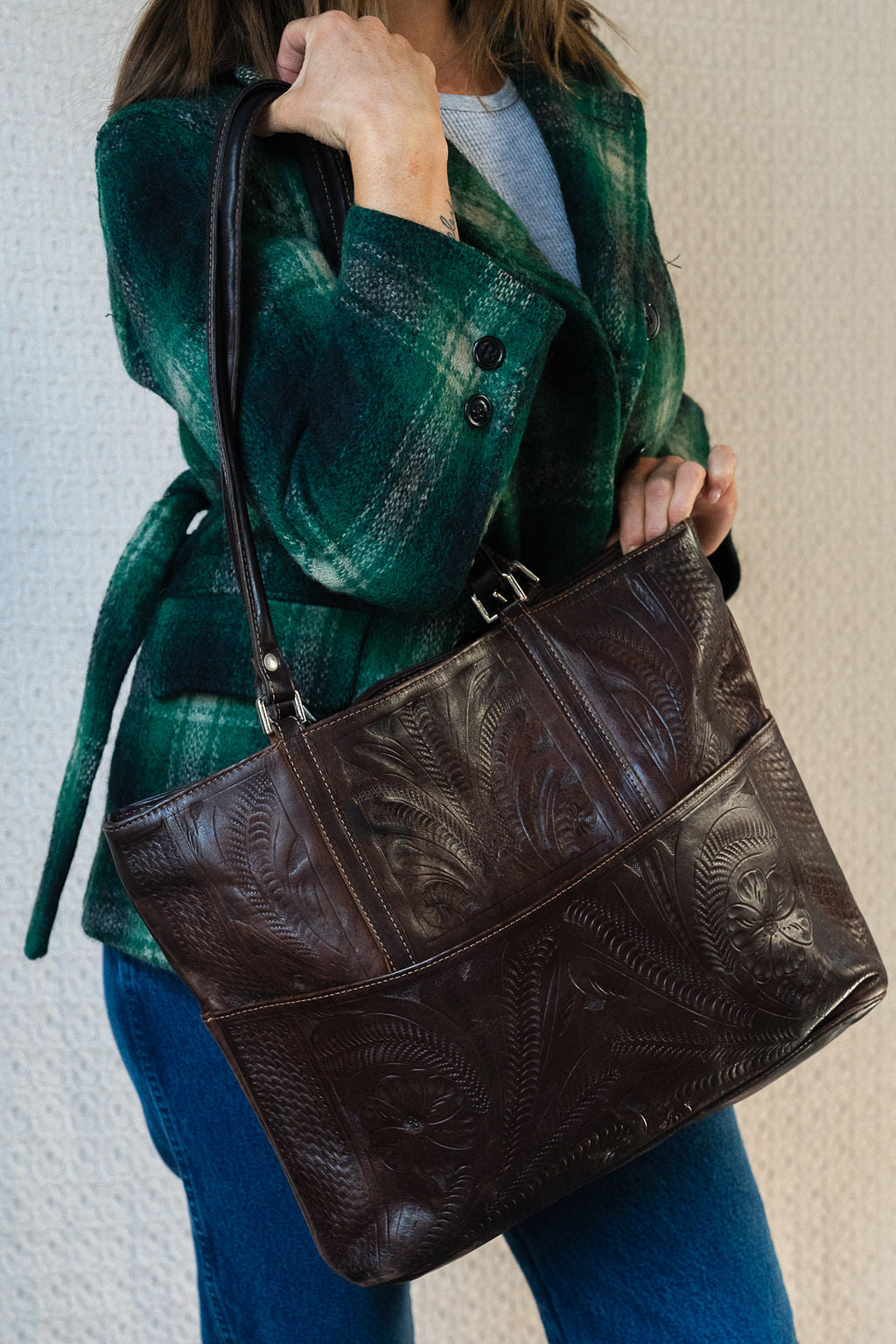 Brown Tooled Leather Tote Bag