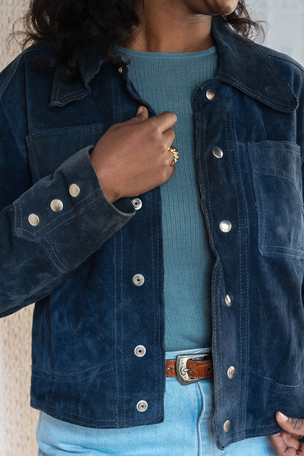 1970's Blue Suede Snap Front Jacket