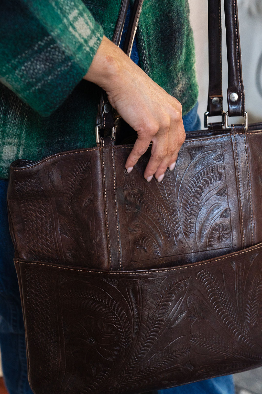 Brown Tooled Leather Tote Bag
