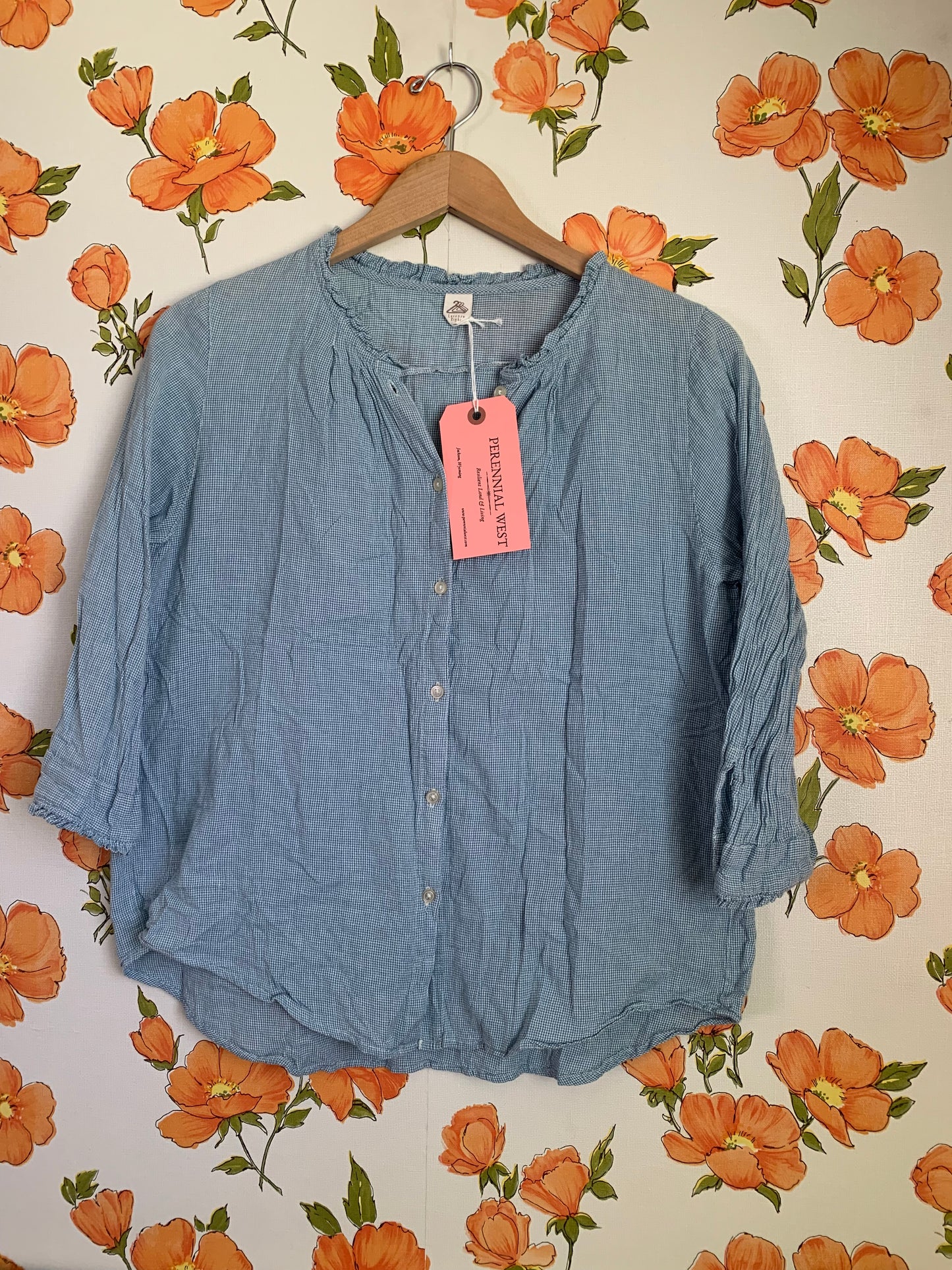 Blue Check Cotton Peasant Top