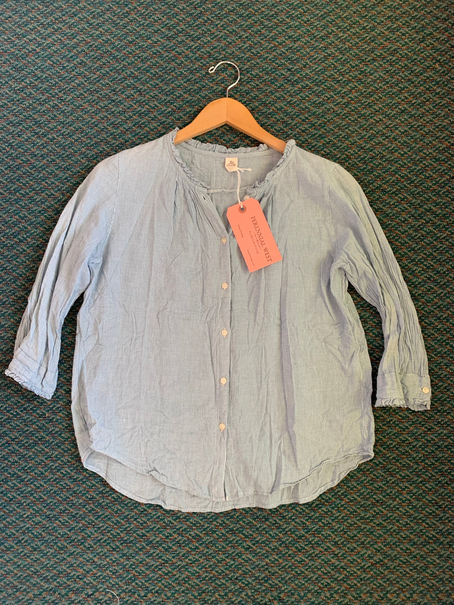 Blue Check Cotton Peasant Top