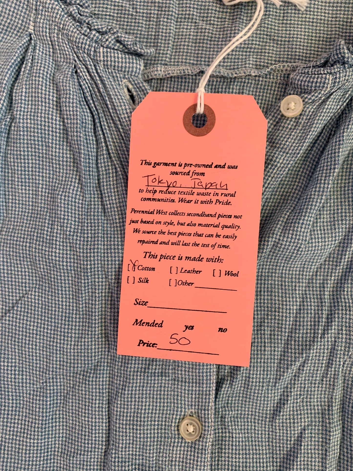 Blue Check Cotton Peasant Top