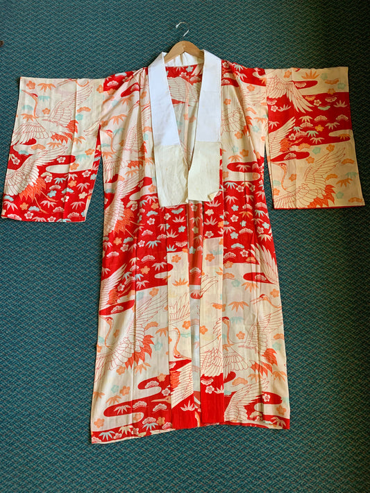 Antique Japanese Crane Bird Temple Scene Kimono
