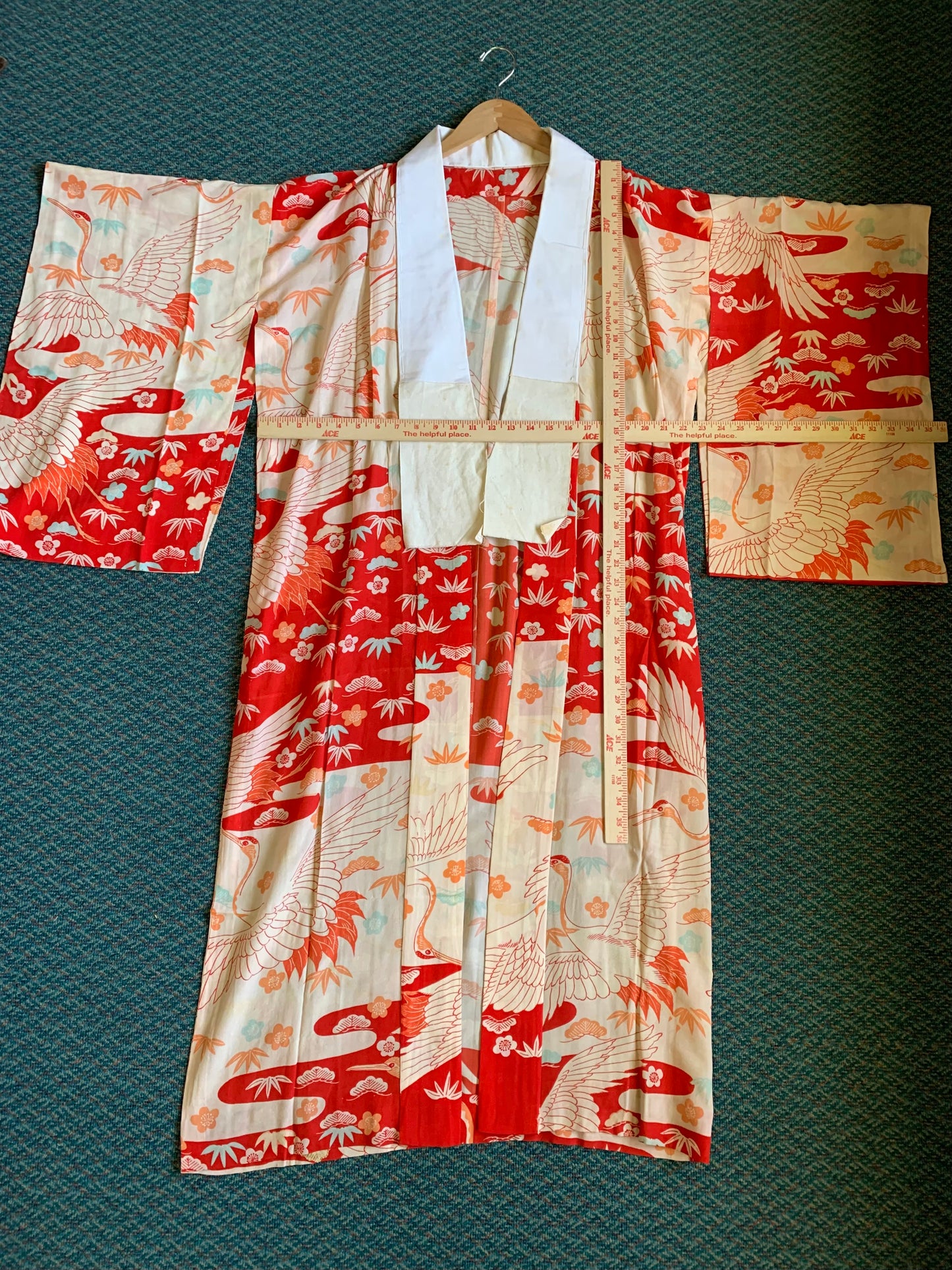 Antique Japanese Crane Bird Temple Scene Kimono