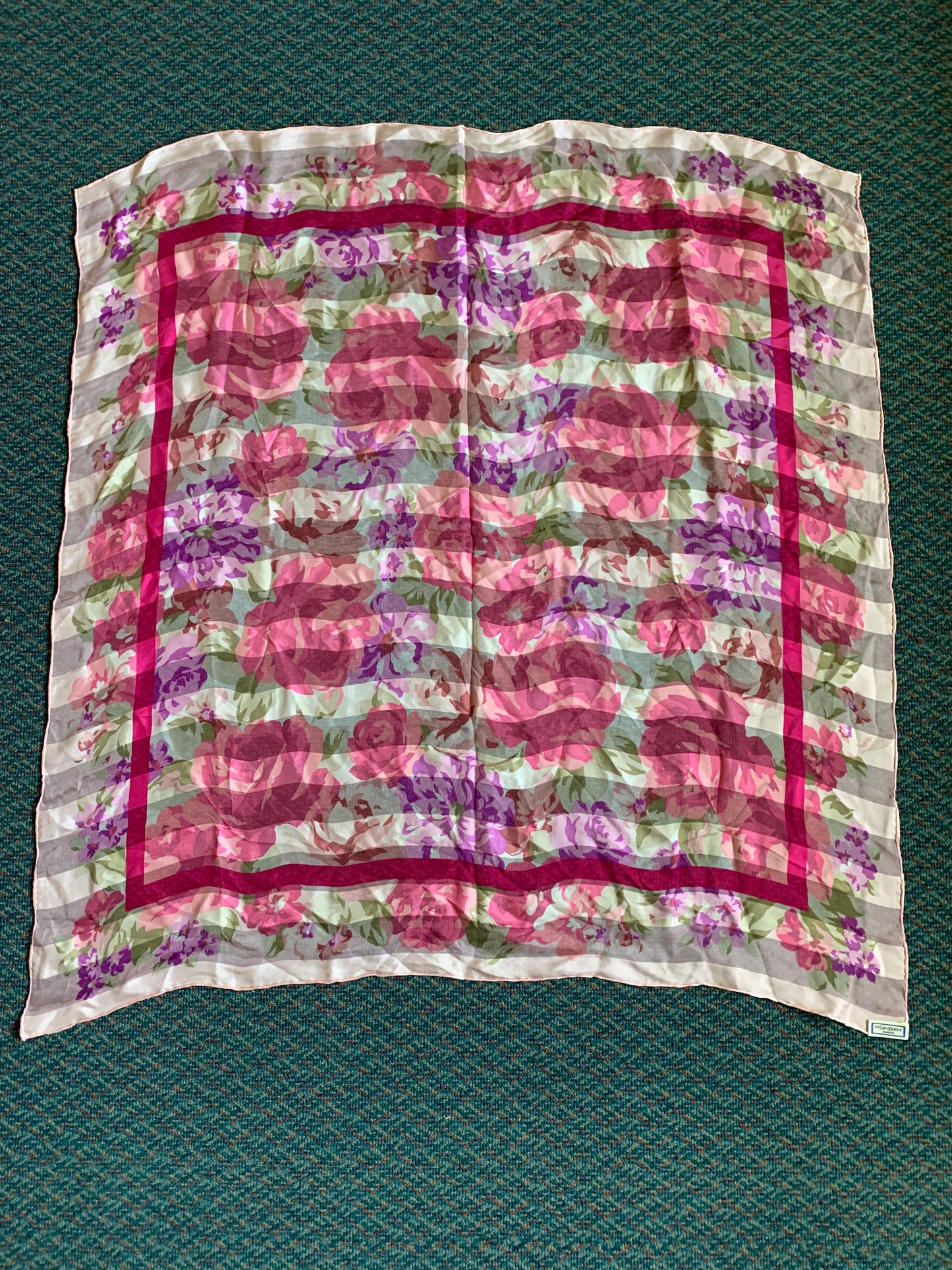 YSL Silk Floral Sheer Stripe Scarf