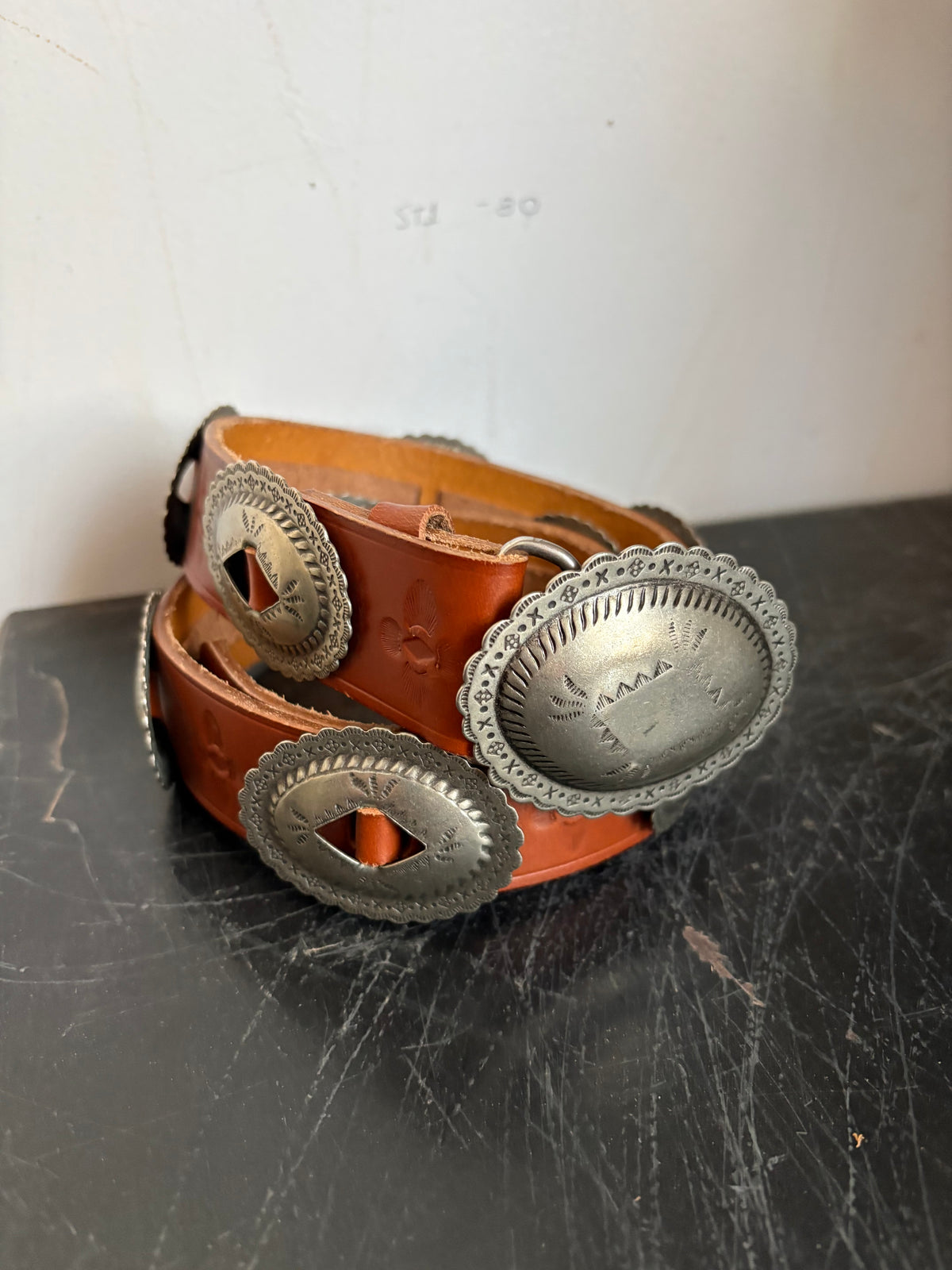 Stamped Pewter Conchos on Belt Strap