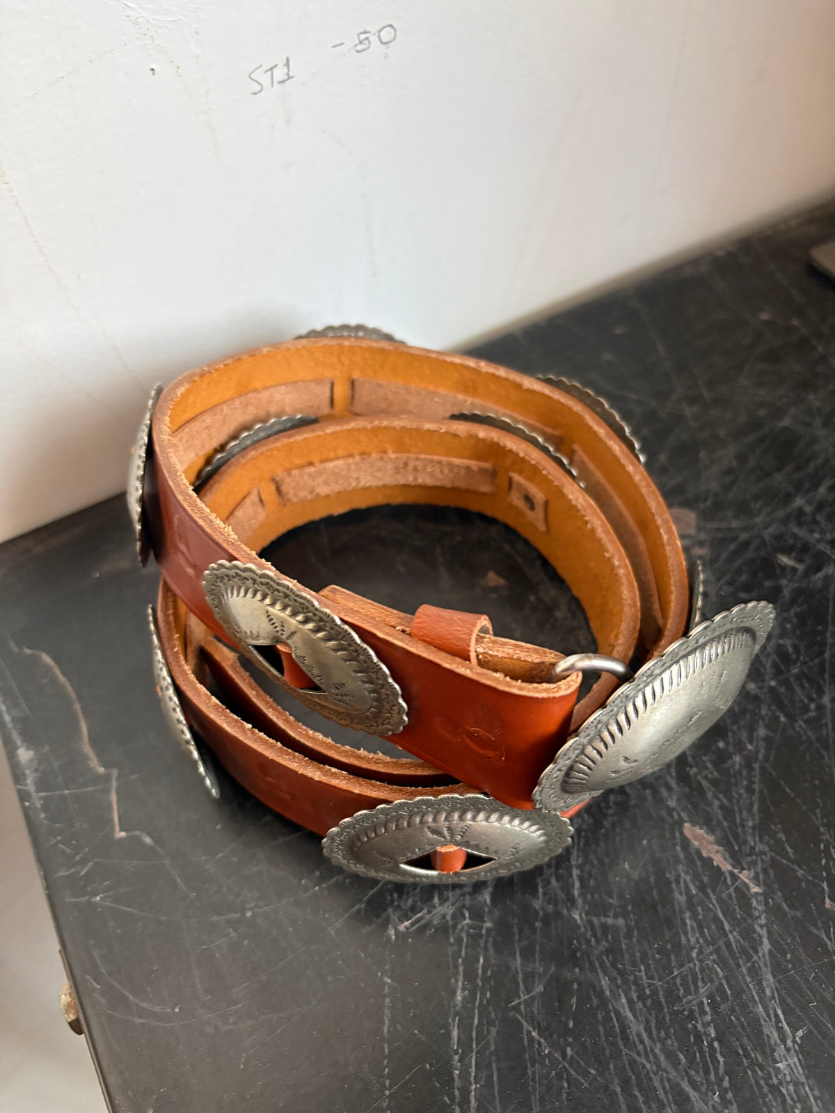 Stamped Pewter Conchos on Belt Strap