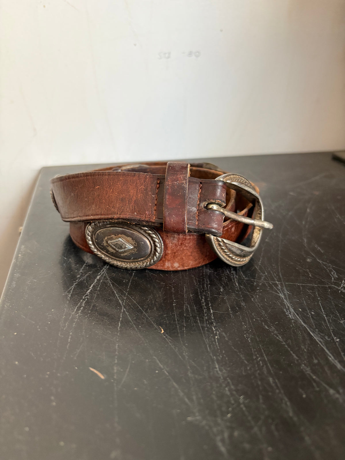 Worn Brown Leather w/Pewter Conchos