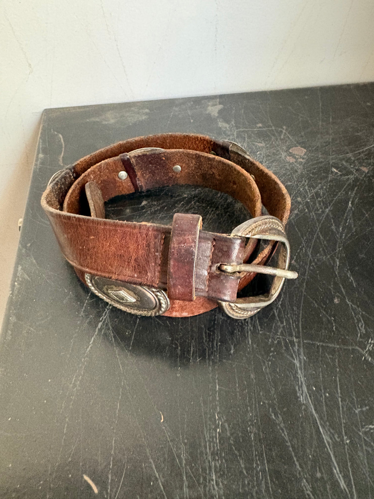 Worn Brown Leather w/Pewter Conchos