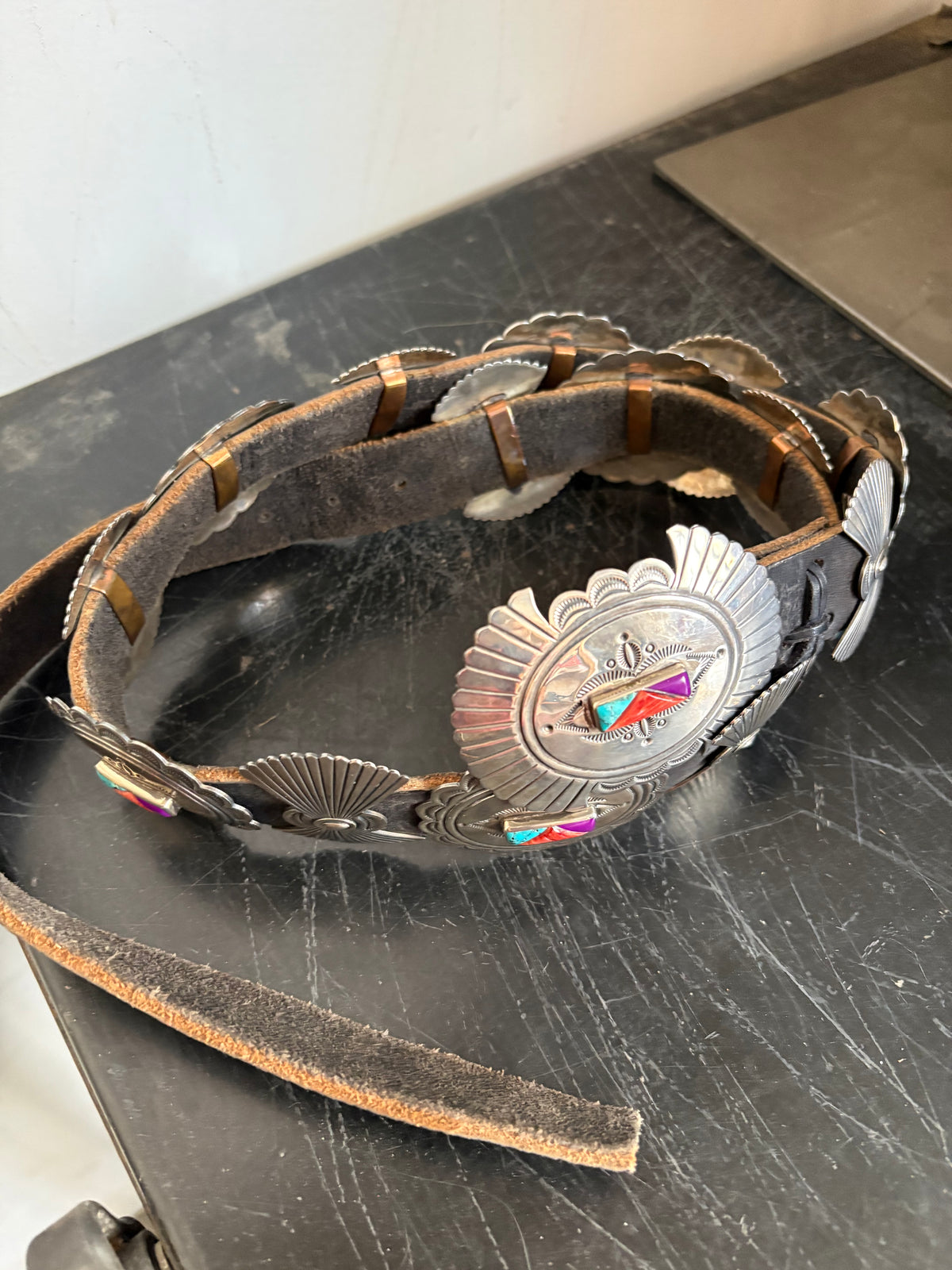 Native Made Natural Stone Trio Hand Stamped Sterling Silver Bow & Concho Belt