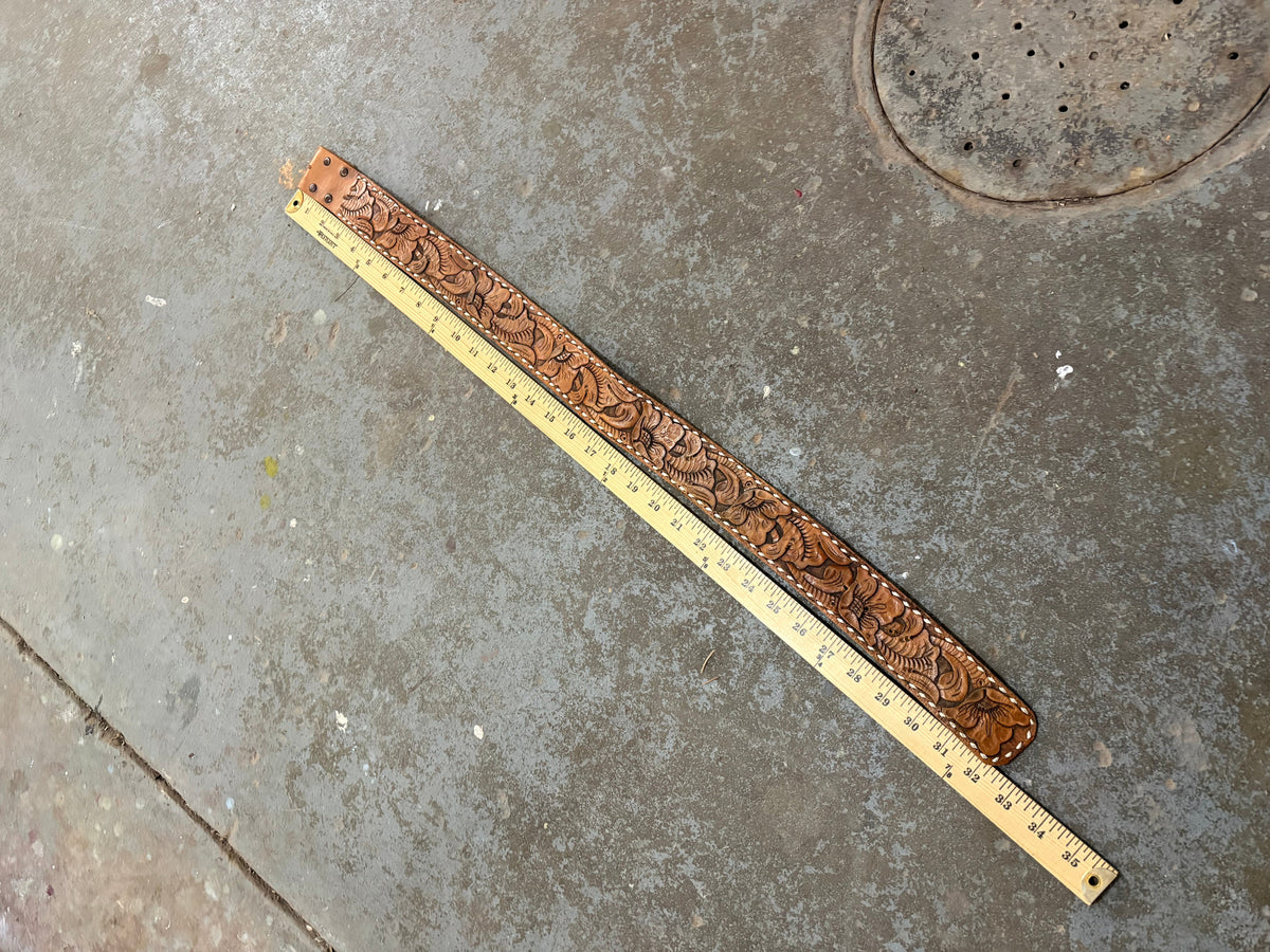 Hand Tooled Floral Belt Strap with White Edge Stitch Detail